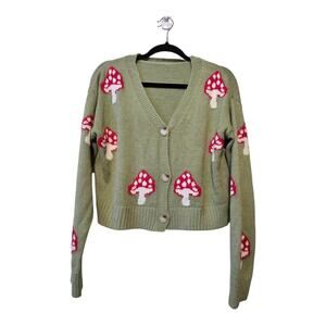 Mushroom Cropped Cardigan Womens LG Green Bohemian Cottage Goblin Woodsy Fairy